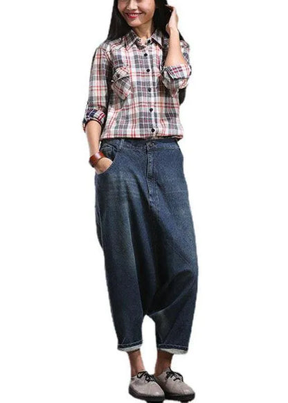 Modern Blue Pockets Wrinkled Fall Harem Denim Pants