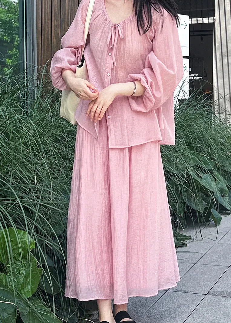 Pink Lace Up Shirt and Skirts Silk Fall Two Pieces Set Wrinkled