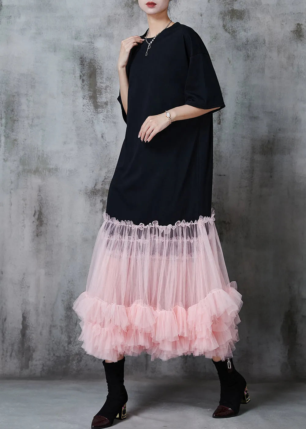 Pink Patchwork Tulle Cotton Long Dress Oversized Summer