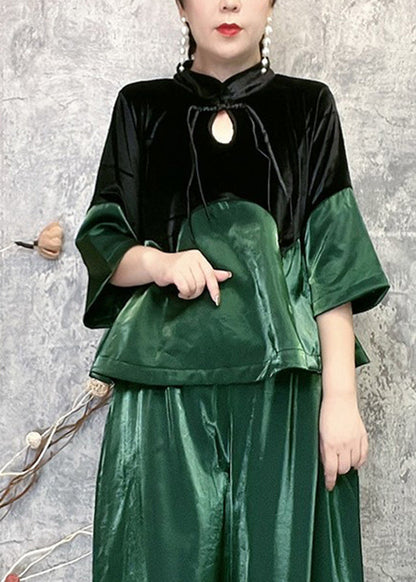 Green Stand Collar Tasseled Patchwork Velour Two Piece Set Spring