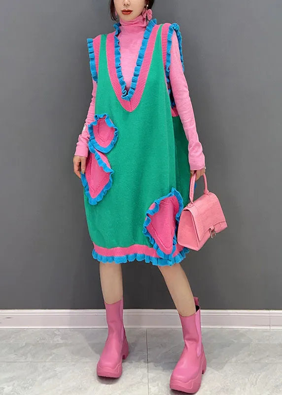 Novelty Green V-neck Patchwork Ruffles Knit Dress Sleeveless
