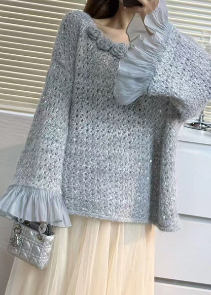 Grey Flower Patchwork Tulle Sweater Tops Flare Sleeve