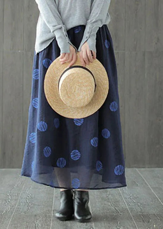 Dark Blue Elastic Waist Dot Print Linen Skirts Spring