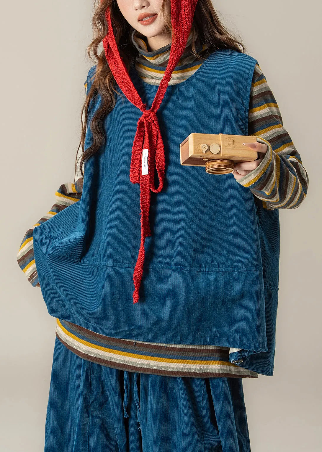 Handmade Blue O Neck Vest T Shirt Pants Corduroy Sets 3 Pieces Spring