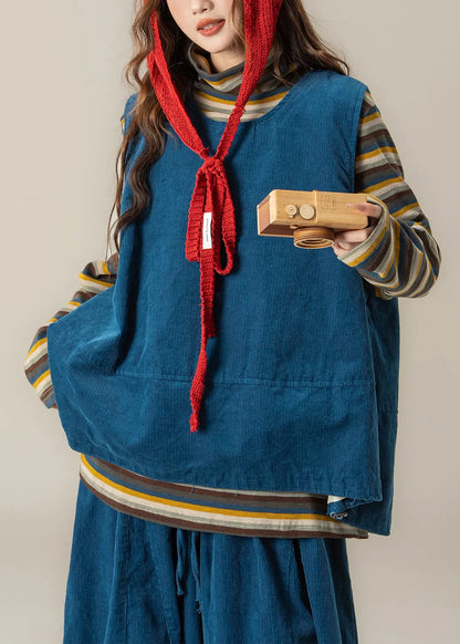 Handmade Blue O Neck Vest T Shirt Pants Corduroy Sets 3 Pieces Spring