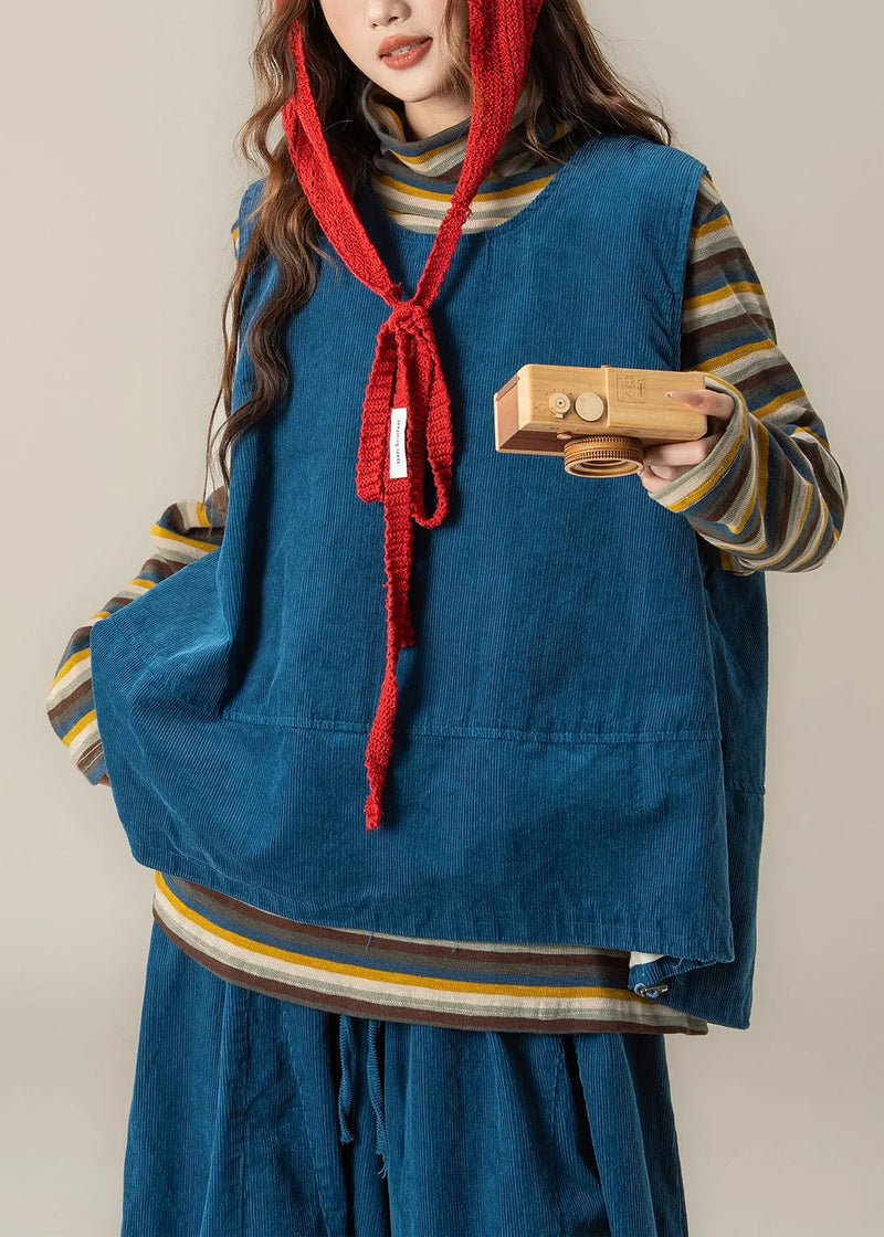 Handmade Blue O Neck Vest T Shirt Pants Corduroy Sets 3 Pieces Spring