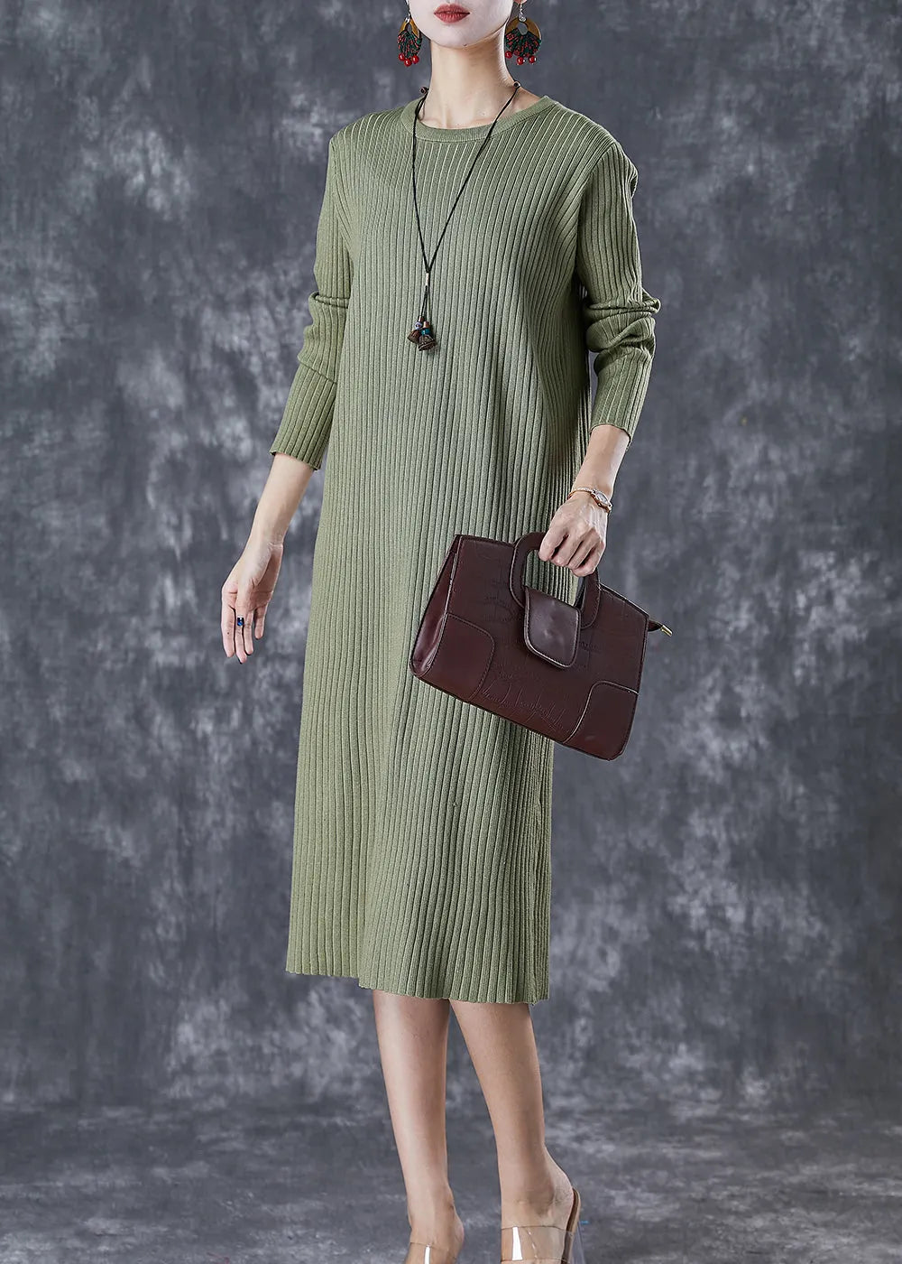 Green Slim Fit Knit Long Dress Fall