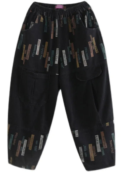 Fitted Black Elastic Waist Print Denim Pants Spring