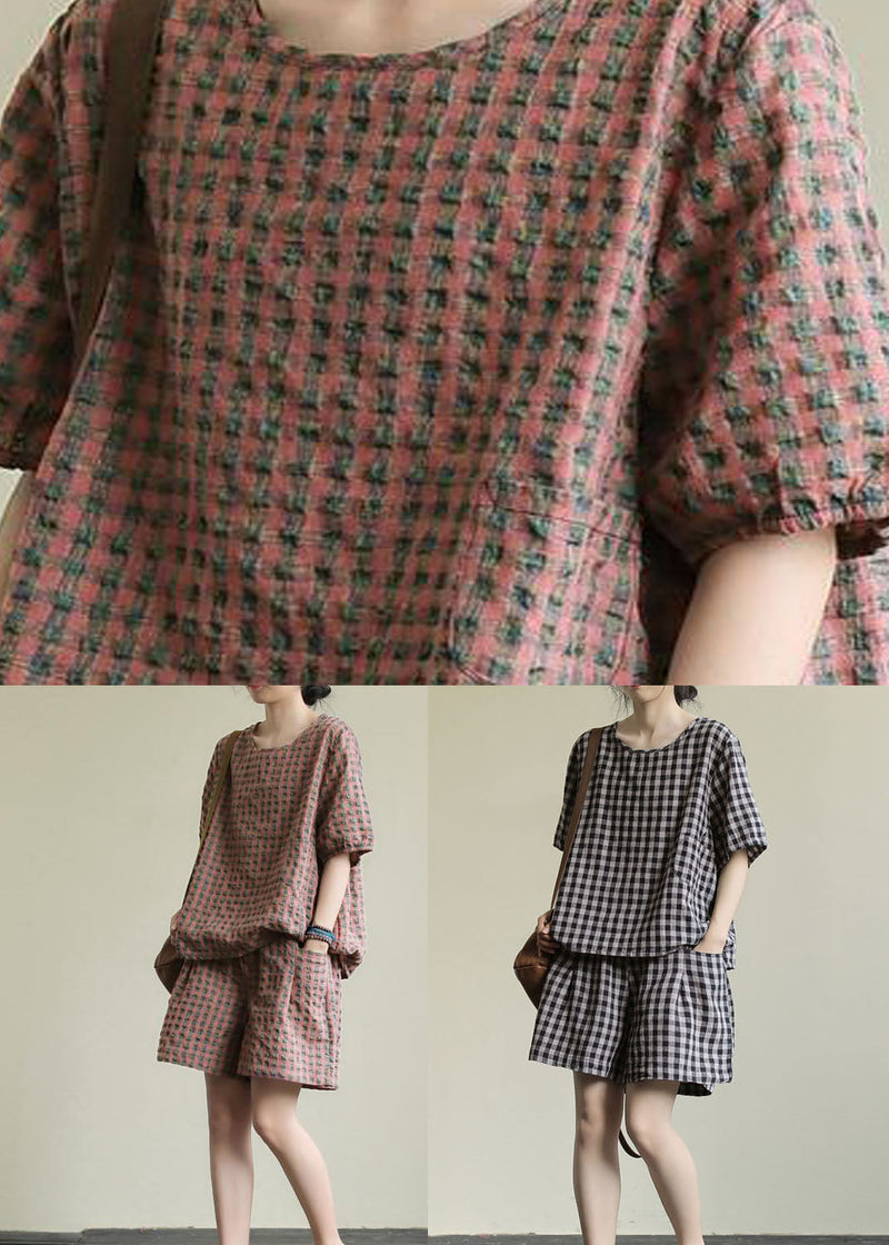 Black Plaid Tops and Shorts Patchwork Cotton Two Piece Set O Neck Summer
