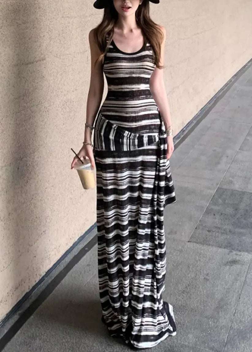 French Black Striped False Two Pieces Cotton Robe Dresses Sleeveless