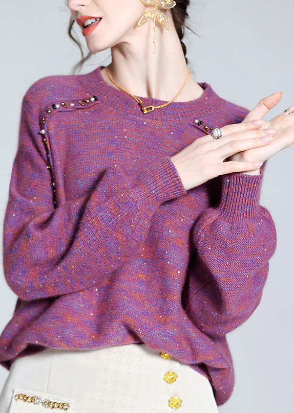 Style Purple O-neck Nail Bead Cashmere Knit Sweaters Spring