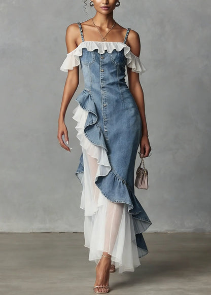 New Blue Ruffled Asymmetrical Tulle Patchwork Denim Dress Summer