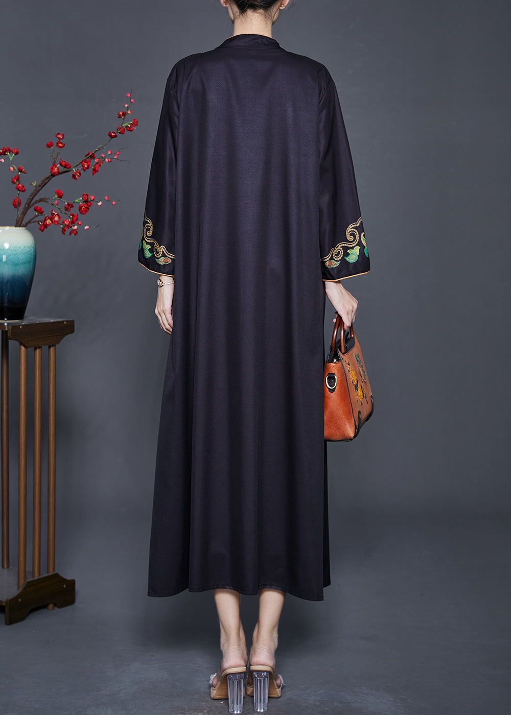 Black Embroidered Chinese Button Silk Two Pieces Set Fall