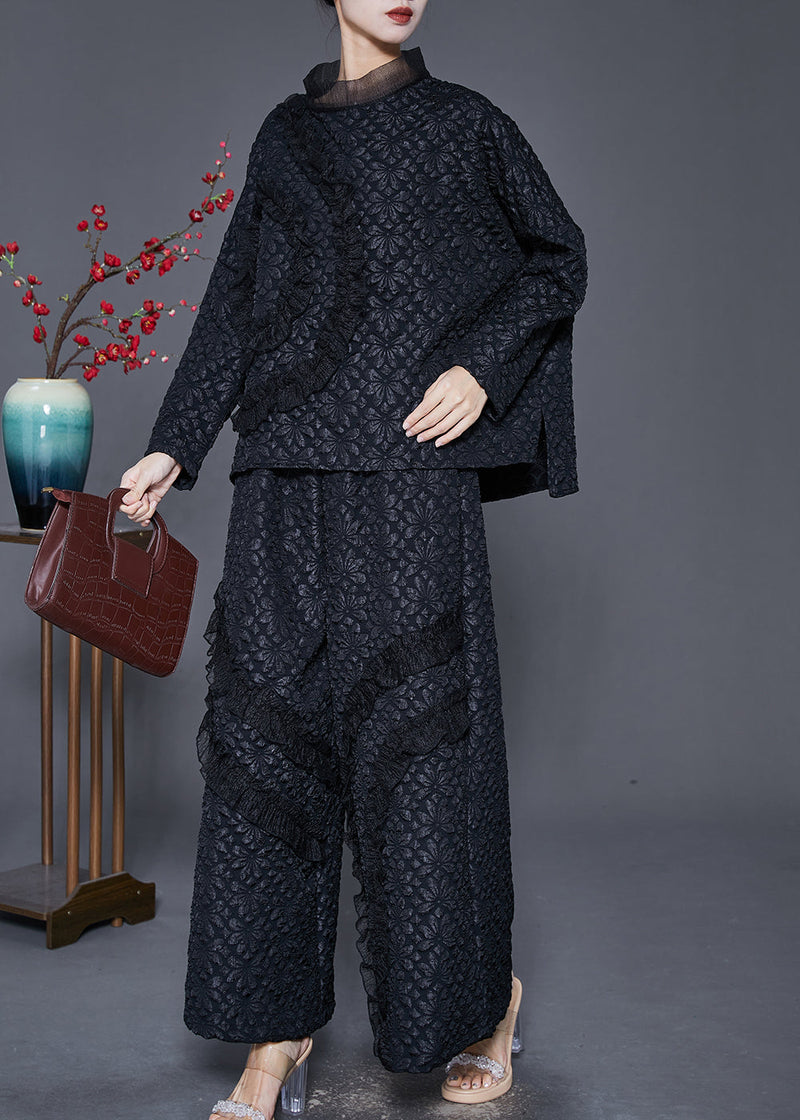 Diy Black Ruffled Patchwork Warm Fleece Two Pieces Set Winter