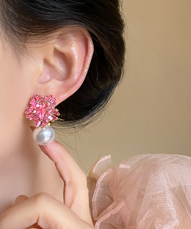 Pink Copper Alloy Zircon Pearl Drop Earrings