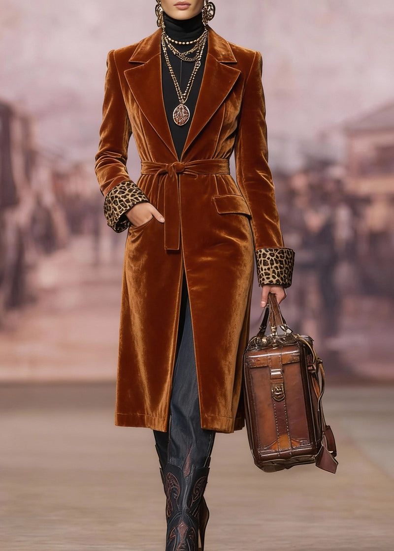 Brown Peter Pan Collar Lace Up Velvet Coat Spring