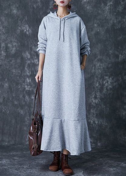 Stylish Grey Hooded Patchwork Ruffles Cotton Pullover Dress Fall