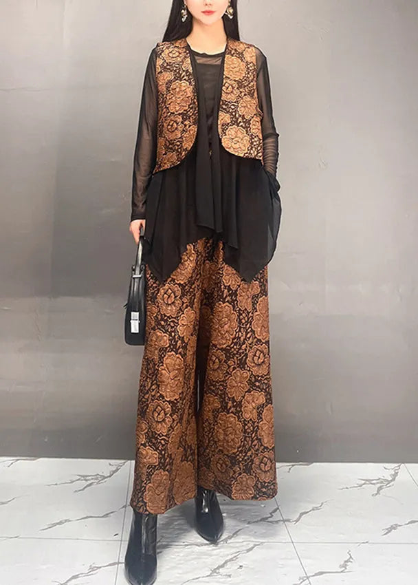 Stylish Gold Tulle Patchwork Coats and Wide Leg Pants Two Piece Set Fall