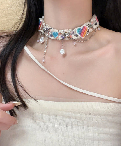 Rainbow Sterling Silver Pearl Love Tassel Choker
