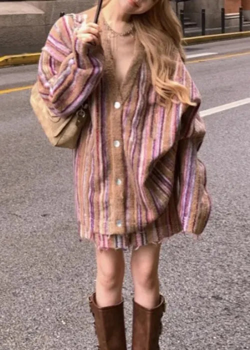 Loose Striped Button Cardigan and Shorts Cotton Knit Two Pieces Set Fall
