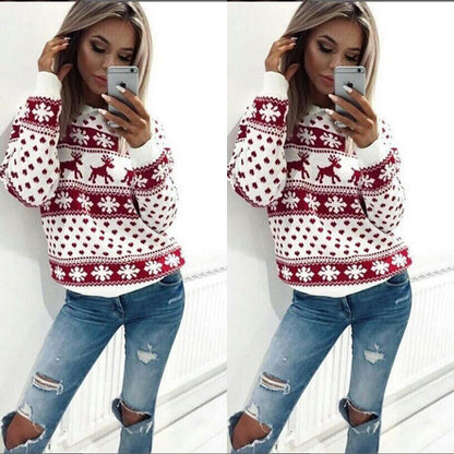 Women's Cozy Christmas Sweater with Snowflake and Reindeer Pattern