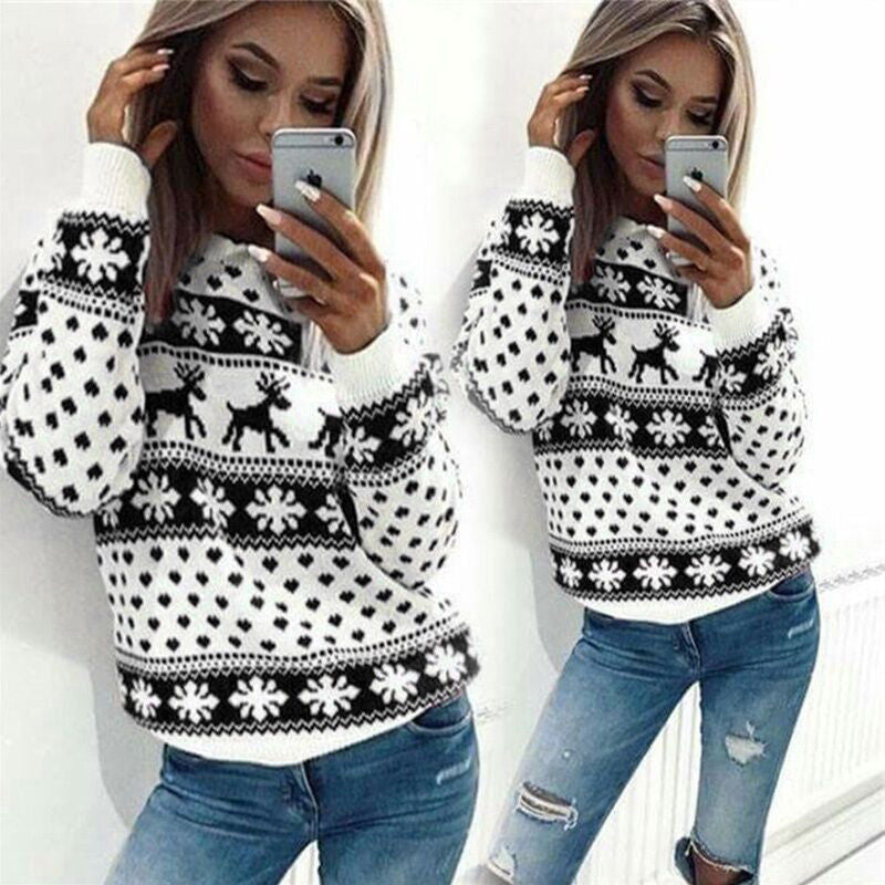 Women's Cozy Christmas Sweater with Snowflake and Reindeer Pattern