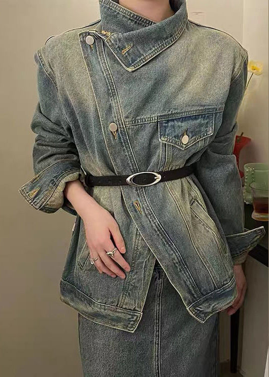 Blue Patchwork Button Sashes Denim Coats Spring