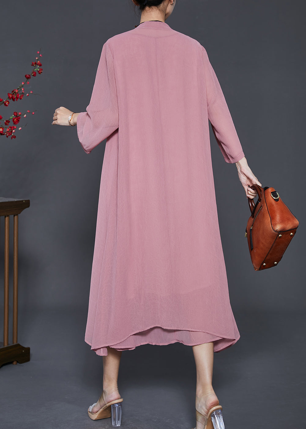 Brick Pink Plum Blossom Embroidered Chiffon 2 Piece Outfit Summer