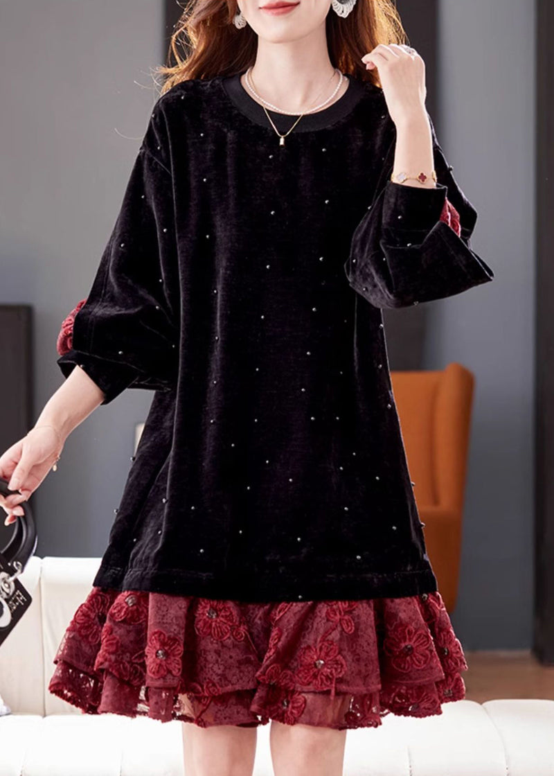 Loose Black Nail Bead Lace Patchwork Silk Velour Dress Winter