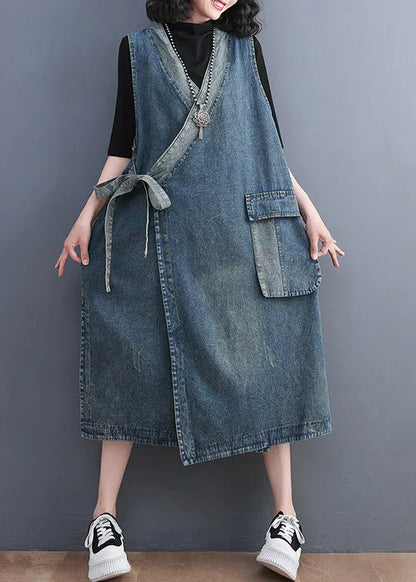 Blue V Neck Asymmetrical Patchwork Tie Waist Denim Long Dresses Sleeveless