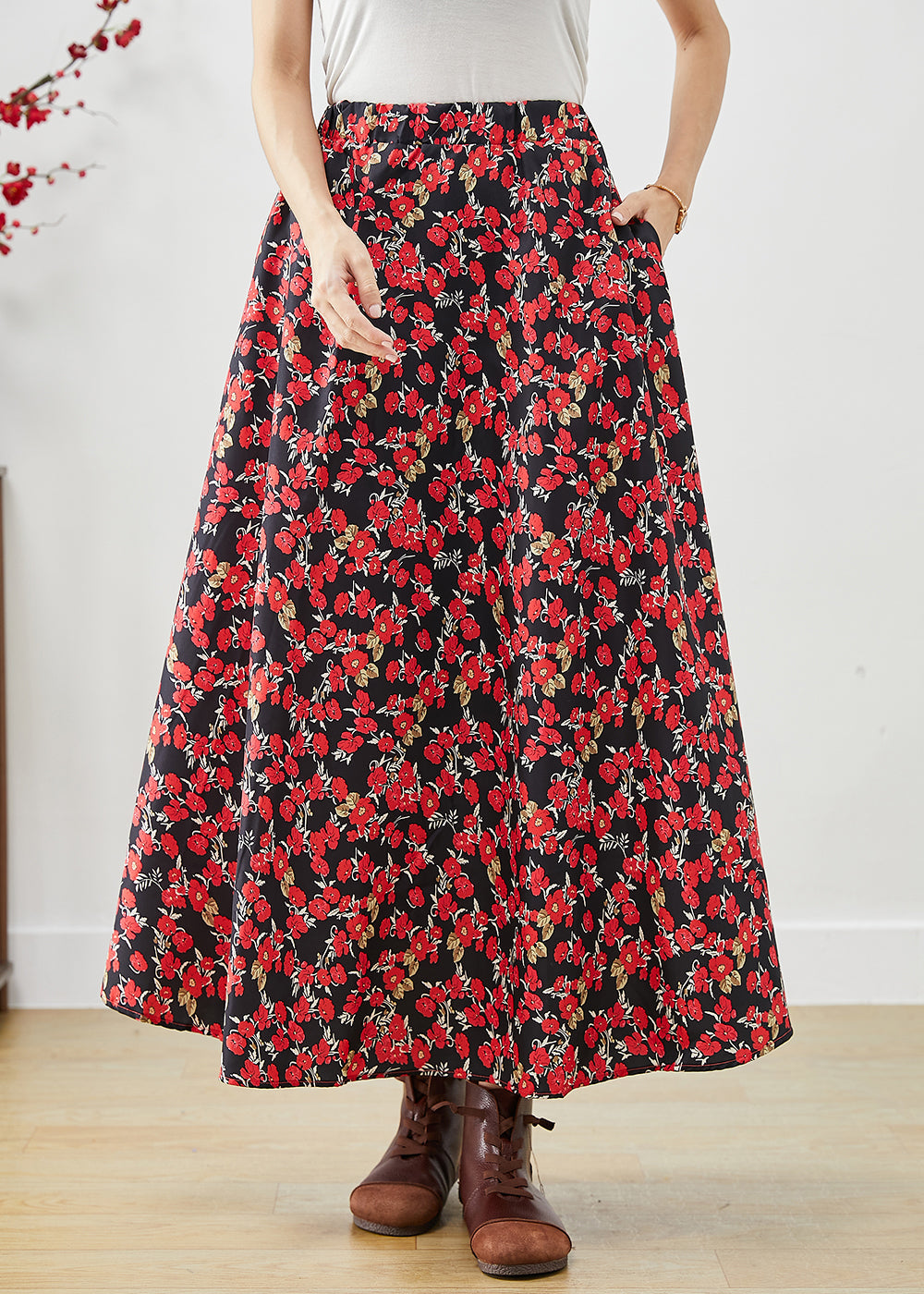Modern Red Print Exra Large Hem Cotton Skirts Fall