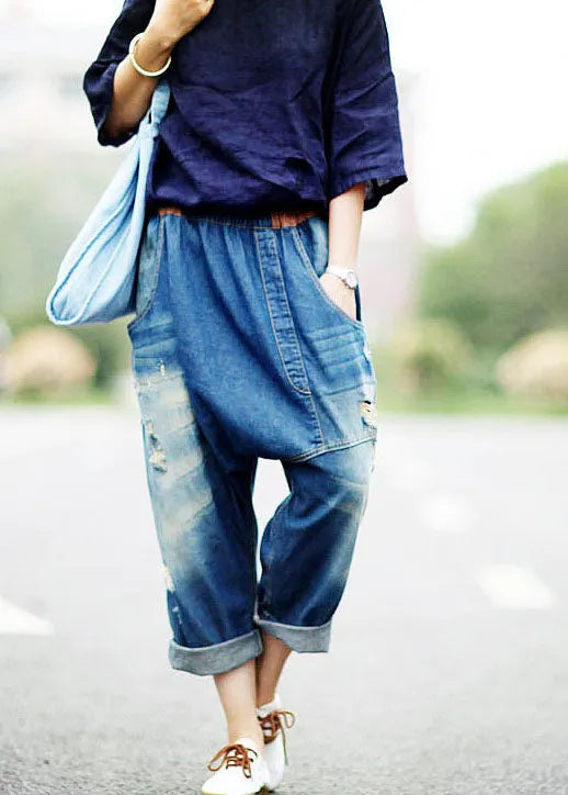 Dark Blue Asymmetrical Pockets Elastic Waist Ripped Jeans Spring