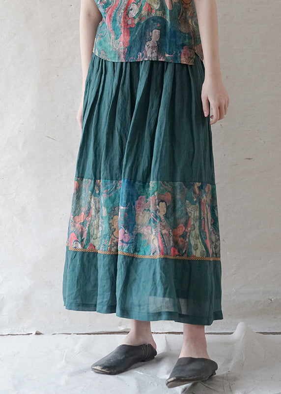 Retro Green Elastic Waist Drawstring Print Patchwork Linen Skirt Spring
