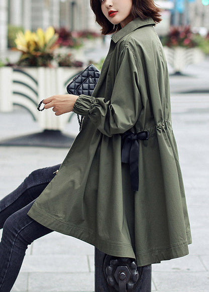 Army Green Peter Pan Collar Zippered Drawstring Cotton Long Trench Coats Spring