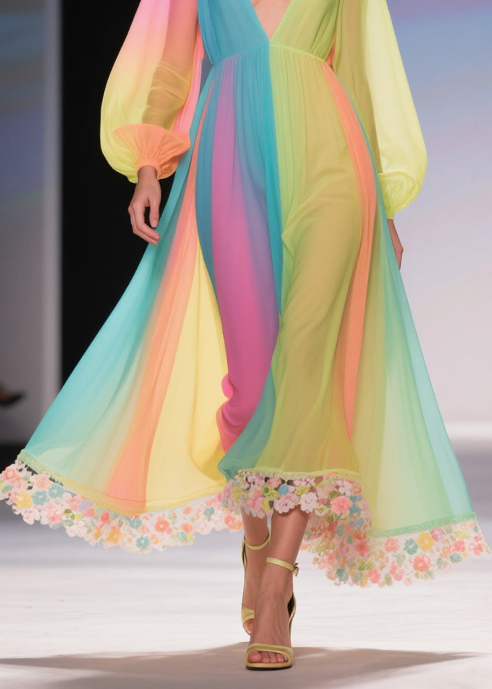 Stylish Rainbow High Waist Chiffon Long Dresses Spring