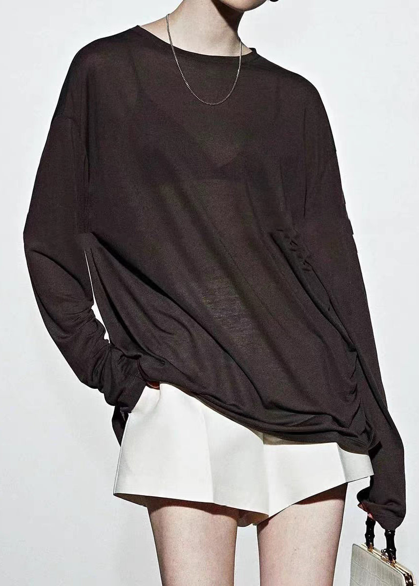 Loose Coffee O-neck Patchwork Silk T Shirt Spring