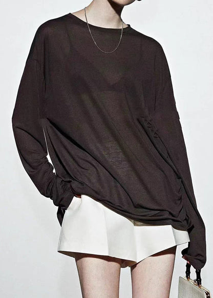 Loose Coffee O-neck Patchwork Silk T Shirt Spring