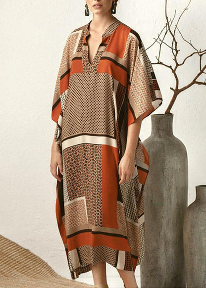 Orange Chocolate Print Half Sleeve Kimono Robe Summer Chiffon Dress