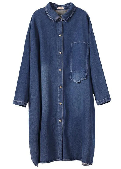 100% Lapel Patchwork Spring Outfit Ideas Denim Blue Long Dress