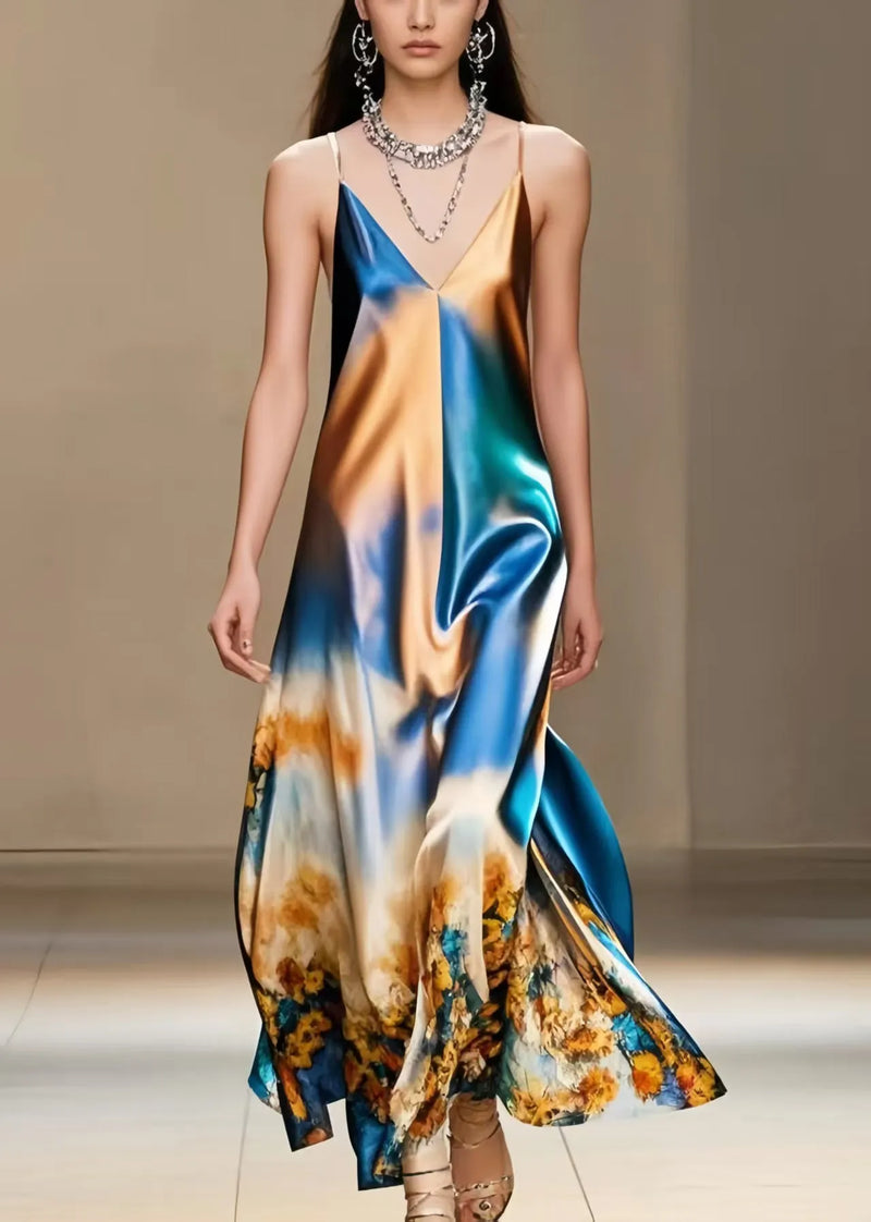 Diy Gradient Color Print Silk Spaghetti Strap Dress Summer
