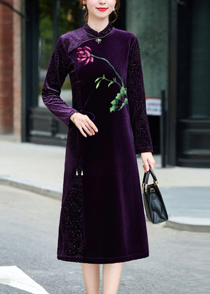 Black Print Tie Waist Silk Velour Vacation Long Dresses Long Sleeve