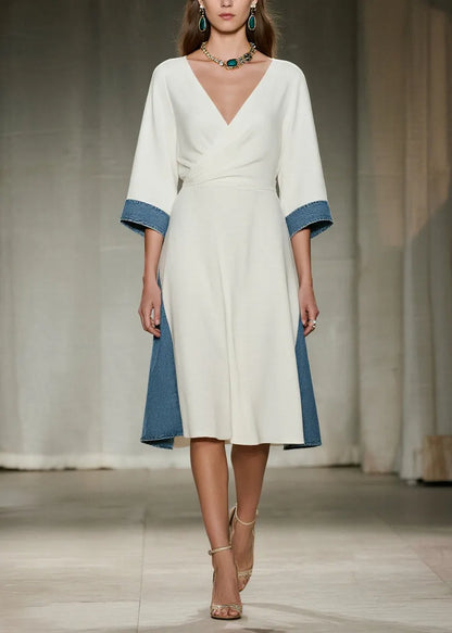 White V Neck Patchwork Denim Day Dress Summer