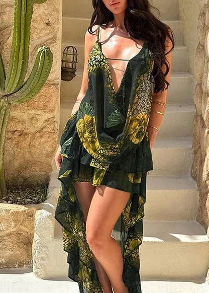 Stylish Green Ruffled Tie Dye Low High Design Tulle Summer Dress Summer