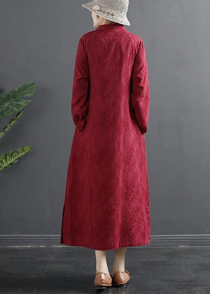 Classy Red Jacquar Dresses Stand Collar a Line Dress
