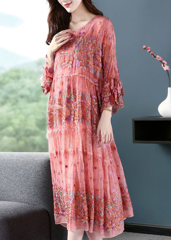 Pink O-neck Oversized Embroideried Silk Dresses Flare Sleeve