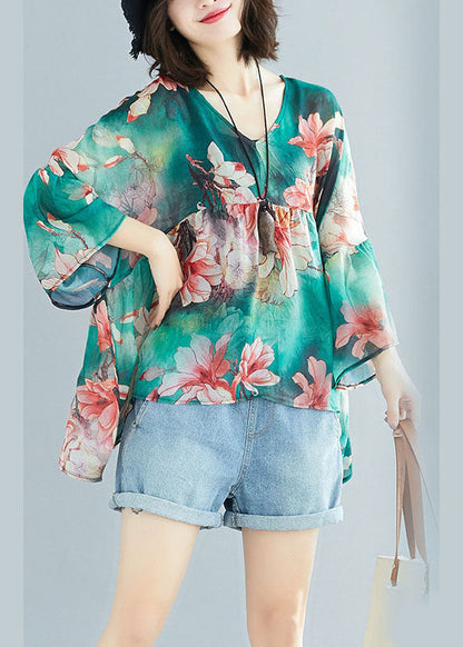 Handmade Green V Neck Patchwork Print Fall Top Three Quarter Sleeve