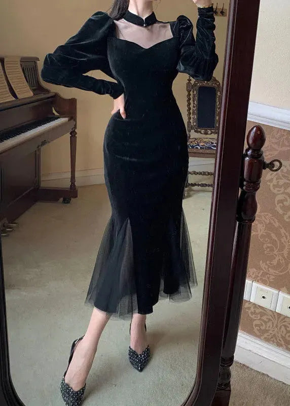 Style Black Stand Collar Wrinkled Patchwork Velour Dresses Puff Sleeve