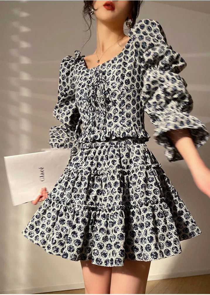 Black Print Cotton Pleated Dress Two Piece Set Clothing Lace Up Long Sleeve
