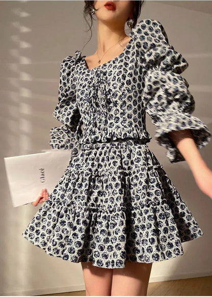 Black Print Cotton Pleated Dress Two Piece Set Clothing Lace Up Long Sleeve