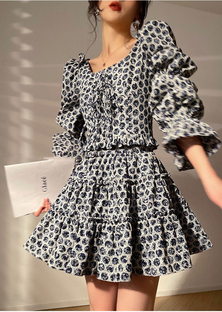 Black Print Cotton Pleated Dress Two Piece Set Clothing Lace Up Long Sleeve